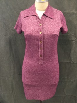 N/L, Magenta Purple, Polyester, Rayon, Heathered, Knit, Short Sleeves, 1/2 Gold Button Placket, Ribbed Knit Collar Attached/Placket, Knee Length
