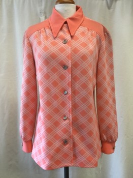 Womens, Blouse, FOREVER YOUNG, Coral Orange, White, Synthetic, Diamonds, L, Button Front, Collar Attached, Long Sleeves,