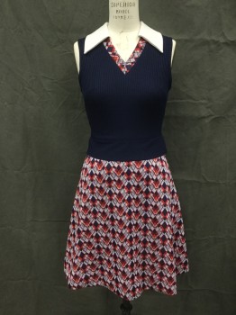 MTO, Navy Blue, Red, White, Gray, Polyester, Solid, Plaid, Navy Shadow Stripe Top with Peplum, Plaid A-line Skirt, Knee Length, Sleeveless, Solid White Collar Attached, Plaid V-neck Placket, Zip Back