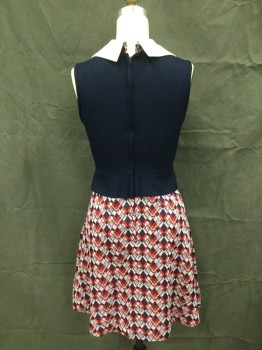 MTO, Navy Blue, Red, White, Gray, Polyester, Solid, Plaid, Navy Shadow Stripe Top with Peplum, Plaid A-line Skirt, Knee Length, Sleeveless, Solid White Collar Attached, Plaid V-neck Placket, Zip Back