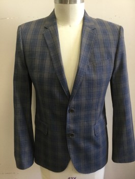 Mens, Sportcoat/Blazer, HUGO BOSS, Slate Blue, Taupe, Cotton, Plaid, 42R, Single Breasted, Thin Notched Lapel, 2 Buttons, 3 Pockets, Royal Blue Lining with Self "Hugo Boss" Text Pattern