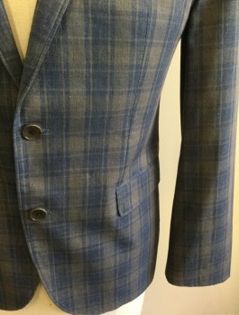 Mens, Sportcoat/Blazer, HUGO BOSS, Slate Blue, Taupe, Cotton, Plaid, 42R, Single Breasted, Thin Notched Lapel, 2 Buttons, 3 Pockets, Royal Blue Lining with Self "Hugo Boss" Text Pattern