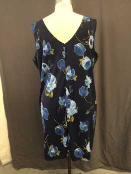 G.DRESSES, Navy Blue, Blue, Olive Green, Polyester, Floral, Plus Size Shift Dress, Scoop Neck, Sleeveless. Large Scale Bold Blue Rose Print Polyester Knit