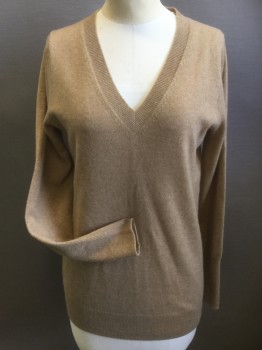 Womens, Pullover, J CREW, Tan Brown, Cashmere, Solid, S, Long Sleeves, V-neck, Long Rib Knit Cuffs
