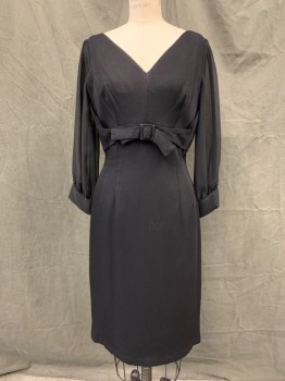 PENNY PARKER, Black, Synthetic, Solid, V-neck, Zip Back, Attached Front Waist Band/Buckle Bow, Chiffon Long Sleeves, Cuff, Hem Below Knee, *Shoulder Burn*