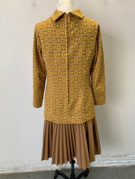 BURT STANLEY, Mustard Yellow, Ochre Brown-Yellow, White, Polyester, Geometric, Stripes - Horizontal , Double Knit Poly, Looks Like 2 Piece, Boxy Fit, Dropped Waist, Top is Patterned with Long Sleeves, Mock Neck, Square Buttons, 2 Patch Pockets, Attached Underlayer with Pleated Solid Mustard Skirt, Late 1960's
