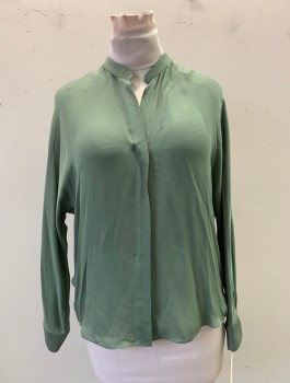 Womens, Top, VINCE, Sage Green, Silk, Solid, 6, V-neck, Pleated Center Front, Long Sleeves,