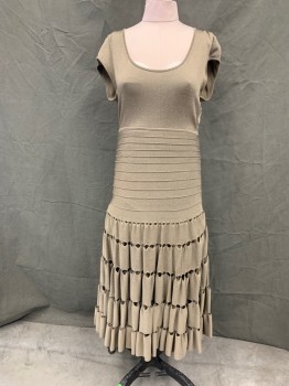 Womens, Dress, Short Sleeve, ZAC POSEN, Dusty Brown, Viscose, Nylon, Solid, W 23, B 27, Knit, Cap Sleeve, Scoop Neck, Side Zip, Horizontal Ribbed Knit Mid Section, Striped Holes Lower Skirt, Ankle Length