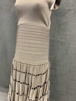 Womens, Dress, Short Sleeve, ZAC POSEN, Dusty Brown, Viscose, Nylon, Solid, W 23, B 27, Knit, Cap Sleeve, Scoop Neck, Side Zip, Horizontal Ribbed Knit Mid Section, Striped Holes Lower Skirt, Ankle Length