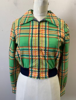 Womens, Jacket, MODERN JUNIORS, Lime Green, Orange, Yellow, Navy Blue, White, Poly/Cotton, Plaid, W26-28, B:36, Cropped Jacket, Zip Front, Collar Attached, Navy Rib Knit Waistband,
