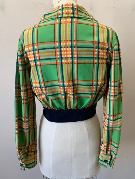 Womens, Jacket, MODERN JUNIORS, Lime Green, Orange, Yellow, Navy Blue, White, Poly/Cotton, Plaid, W26-28, B:36, Cropped Jacket, Zip Front, Collar Attached, Navy Rib Knit Waistband,