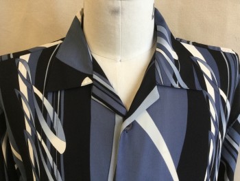 MALTAS, Slate Blue, Black, White, Baby Blue, Polyester, Abstract , Collar Attached, Button Front, Short Sleeves,