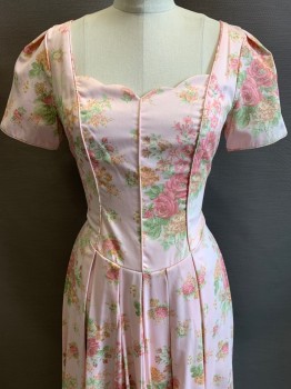 Womens, Dress, Laura Ashley, Lt Pink, Rose Pink, Sage Green, Orange, Cotton, Floral, W26, B34, S/S, Sweetheart Neckline, Vertical Seams, Pleated, Back,