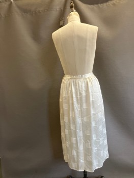 Womens, 1980s Vintage, Skirt, ROBINSON'S, Cream, Silver, Polyester, Lurex, Squares, W:26, Jacquard, Straight Below Knee, Slight Gathers At Waistband, Side Zip, 2 Pckts On Seams, Back Slit