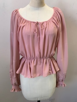 Womens, 1980s Vintage, Top, N/L, Lt Pink, Polyester, Solid, Floral, W24, B32, BLOUSE, Boat Neck, Long Sleeves, Bow at Neck, Elastic Waistband, Ruffled Cuffs, Floral Self Embroidery, Zip Back