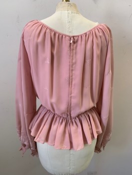 Womens, 1980s Vintage, Top, N/L, Lt Pink, Polyester, Solid, Floral, W24, B32, BLOUSE, Boat Neck, Long Sleeves, Bow at Neck, Elastic Waistband, Ruffled Cuffs, Floral Self Embroidery, Zip Back
