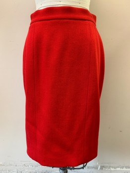 CHANEL BOUTIQUE, Red, Wool, Silk, Solid, Heavy Weight Gabardine, Pencil Skirt, Center Back Zipper, Silk Lined