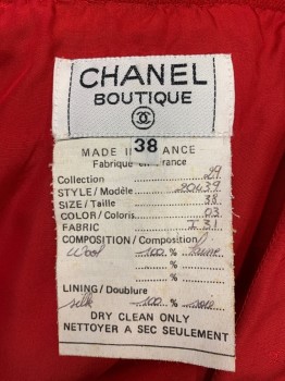 CHANEL BOUTIQUE, Red, Wool, Silk, Solid, Heavy Weight Gabardine, Pencil Skirt, Center Back Zipper, Silk Lined