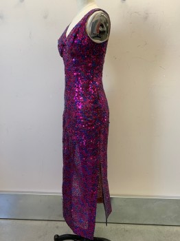 Womens, Evening Gown, NO LABEL, Magenta Pink, Royal Blue, Polyester, Dots, W25, B32, Sleeveless, V Neck, Sequins, Side Slits, Back Zipper,