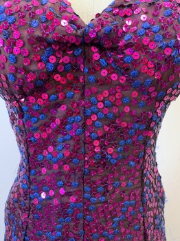 Womens, Evening Gown, NO LABEL, Magenta Pink, Royal Blue, Polyester, Dots, W25, B32, Sleeveless, V Neck, Sequins, Side Slits, Back Zipper,
