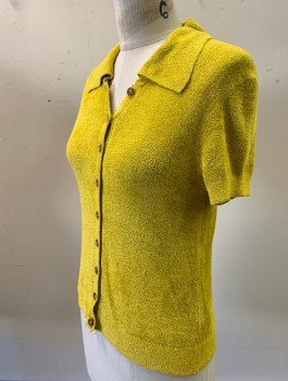 Womens, Top, URBAN OUTFITTERS, Yellow, Viscose, Nylon, Solid, S, Fuzzy Velour-Like Knit, S/S, Button Front, Collar Attached