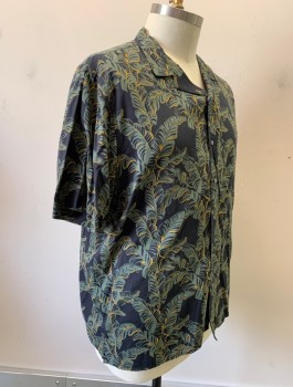 Mens, Casual Shirt, CLAIBORNE, Black, Sage Green, Mustard Yellow, Cotton, Modal, Tropical , XXL, Leaves Print, Camp Shirt, S/S, Button Front, Collar Attached