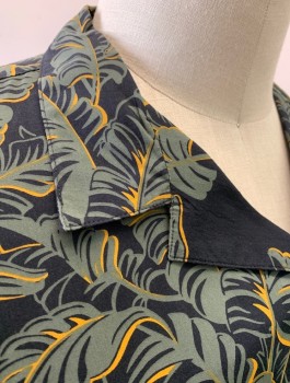 Mens, Casual Shirt, CLAIBORNE, Black, Sage Green, Mustard Yellow, Cotton, Modal, Tropical , XXL, Leaves Print, Camp Shirt, S/S, Button Front, Collar Attached