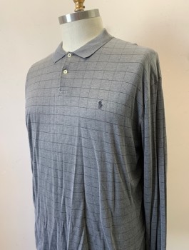 Mens, Polo, POLO RALPH LAUREN, Gray, Black, Cotton, Grid , XL, L/S, Jersey, Ribbed Knit Collar, 2 Buttons at Neck