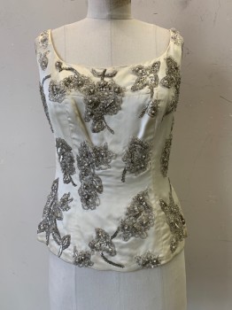 Womens, 1960s Vintage, Piece 2, NO LABEL, Ivory White, Silver, Silk, Floral, W29, B32, Dress Top, Sleeveless, Scoop Neck, Heavily Beaded, Back Zipper,