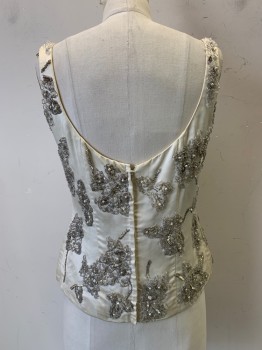 Womens, 1960s Vintage, Piece 2, NO LABEL, Ivory White, Silver, Silk, Floral, W29, B32, Dress Top, Sleeveless, Scoop Neck, Heavily Beaded, Back Zipper,