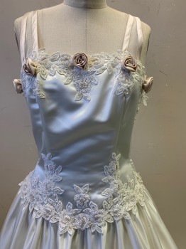 Womens, Wedding Gown, MON CHERI, Pearl White, Champagne, Polyester, Floral, W26, B32, Sleeveless, Lace And Beaded Detail On Bust And Hips With Roses, Mesh Back With Ribbon Strips, Floral Bouquet On Back, Side Zipper, Layered Skirt  Boat Neck,