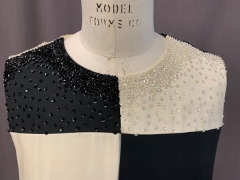 Womens, Cocktail Dress, SAKS FIFTH AVENUE, Black, White, Silk, Color Blocking, B 35, Late 1960's/Early 1970's, Color Block Chiffon Over Color Block Lining, Sequin/Beaded Yoke, Back Zip, Floor Length Hem