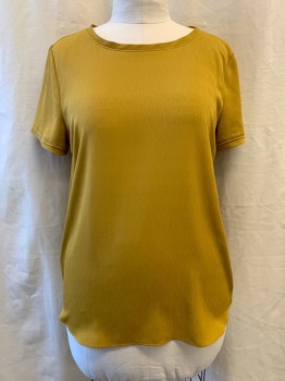Womens, Blouse, ANN TAYLOR, Mustard Yellow, Polyester, Solid, L, Scoop Neck, Pullover, Short Sleeves