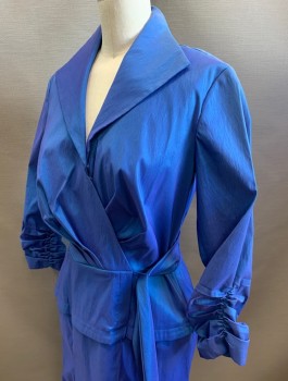TADASHI SHOJI, Cornflower Blue, Polyester, Nylon, Solid, Changeable Taffeta, 3/4 Sleeves with Ruched Cuffs, Surplice Neck with Pointed Lapel, Dropped Waist, Mermaid Below Knee Length Hem, Belt Attached to Waist