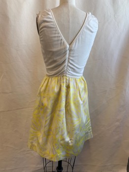 Womens, Dress, Sleeveless, MCGINN, White, Yellow, Polyester, Floral, B34, 6, W26, Surplice Top with Pleats, Solid White Knit Back, Pleated Front, Gathered, Back Zip, Faux Wrap Front