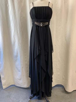 Womens, Evening Gown, LA SERA, Black, Polyester, W:28, B:34, Square Neckline, Adjustable Spaghetti Straps, Vertically Pleated Bust, Horizontal Pleated Waist, Attached Rhinestone Belt on Front, Waterfall Ruffles Over Skirt, Floor Length, Zip Side