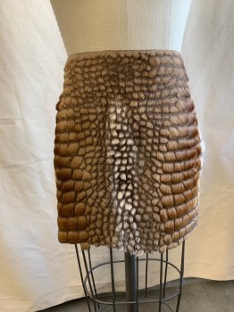 Womens, Skirt, Mini, TOM FORD, Tan Brown, Brown, Beige, White, Fur, Synthetic, H34, W26, Side Zipper, Animal Scales Design With Fur, Rib Knit Back, Uneven Raw Hem
