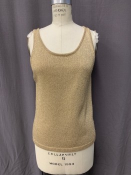 Womens, Evening Tops, JEANNE PIERRE, Gold, Polyester, Wool, Solid, M, Scoop Neck, Slvls,
