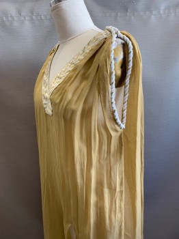 Womens, Historical Fiction Tunic, N/L MTO, Tan Brown, Cotton, Solid, O/S, Sheer, Cream and Gold Metallic Trim at V-Neck, Sleeveless, Cream and Gold Rope Detail at Arm Openings, Mid Calf Length, Slit at Hem, Made To Order