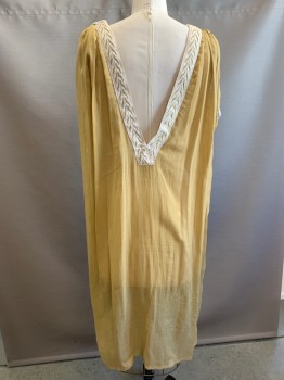 Womens, Historical Fiction Tunic, N/L MTO, Tan Brown, Cotton, Solid, O/S, Sheer, Cream and Gold Metallic Trim at V-Neck, Sleeveless, Cream and Gold Rope Detail at Arm Openings, Mid Calf Length, Slit at Hem, Made To Order