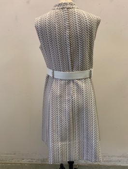 NO LABEL, Khaki Brown, White, Wool, Zig-Zag , 2 Piece with White Pleather Belt,Textured Pattern, Mock Neck, Sleeveless, Pleated Skirt, A-Line