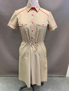 NL, Khaki Brown, Cotton, with Khaki Thin Belt, C.A., 1/2 Button Front, S/S, Gathered at Waist, 2 Chest Pockets with Flaps, 2 Side Thigh Pockets, Red Under Layer on Collar, Red Piping, Inverted Box Pleat at Center Back, Hem Below Knee