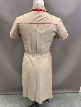 NL, Khaki Brown, Cotton, with Khaki Thin Belt, C.A., 1/2 Button Front, S/S, Gathered at Waist, 2 Chest Pockets with Flaps, 2 Side Thigh Pockets, Red Under Layer on Collar, Red Piping, Inverted Box Pleat at Center Back, Hem Below Knee