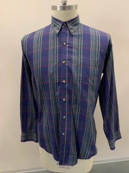 Mens, Casual Shirt, MCGREGOR, Dk Purple, Forest Green, Multi-color, Poly/Cotton, Plaid, 35, 16.5, Button Down Collar, Button Front, L/S, 1 Pocket, Red And Beige Colors