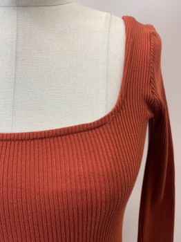Womens, Top, URBAN OUTFITTERS, Rust Orange, Synthetic, Solid, S, Square Neck, L/S, Ribbed, MULTIPLES