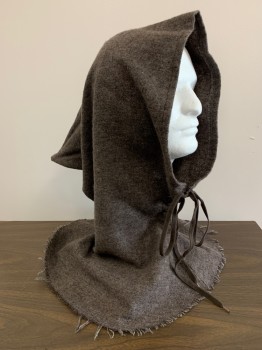 Unisex, Sci-Fi/Fantasy Headpiece, NO LABEL, Dusty Brown, Putty/Khaki Gray, Wool, 2 Color Weave, OS, Long Pointed Hood,  Lacing At Neck