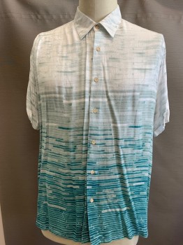 TASSO ELBA, White, Sea Foam Green, Teal Blue, Rayon, Abstract , Stripes - Horizontal , Short Sleeves, Collar Attached, Multiple