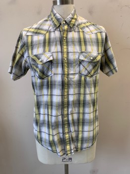 URBAN LP, Black, Gray, White, Yellow, Cotton, Plaid, Collar Attached, Snap Front, Short Sleeves, 2 Flap Pockets with Snap Buttons