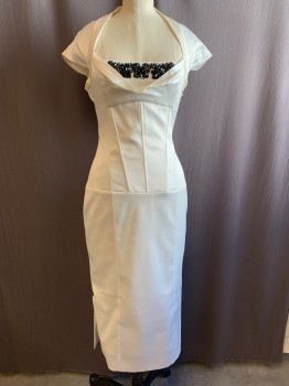KAREN MILLEN, Ivory White, Black, Silk, Synthetic, Solid, Square Neck, Short Sleeves, Black Beading and Stones at Bust, Side Zipper, Corseted Waist