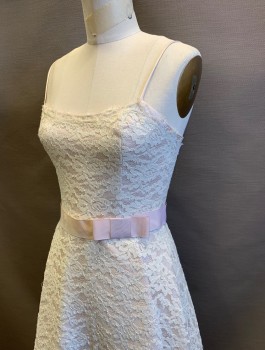 A.B.S. EVENING, Cream, Blush Pink, Polyester, Nylon, Cream Lace Over Blush Pink Satin, Spaghetti Straps, Blush Pink Grosgrain Ribbon Waistband with Bow at Side Front, A-Line Skirt with Tulle Underneath for Volume, Hem Below Knee
